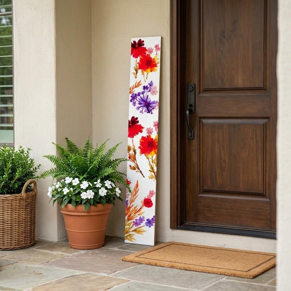 47" White Red And Purple Solid Wood Floral Bouquet Porch Sign — view 4
