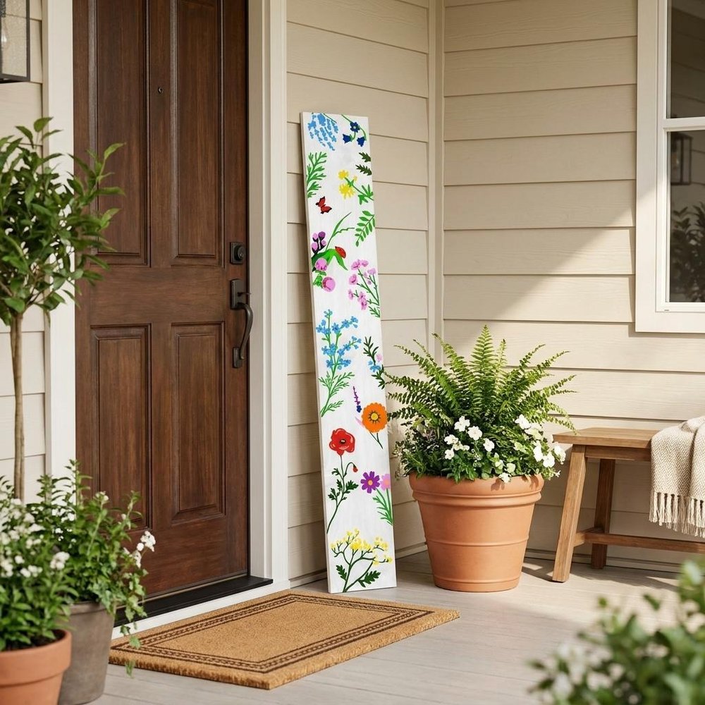 47" White Blue And Green Solid Wood Floral Bouquet Porch Sign — view 1