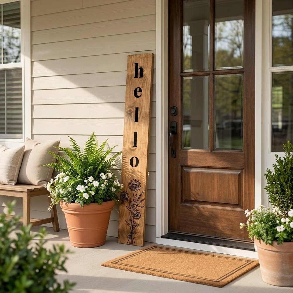 47" Black And Natural Solid Wood Wildflowers Hello Porch Sign — view 1