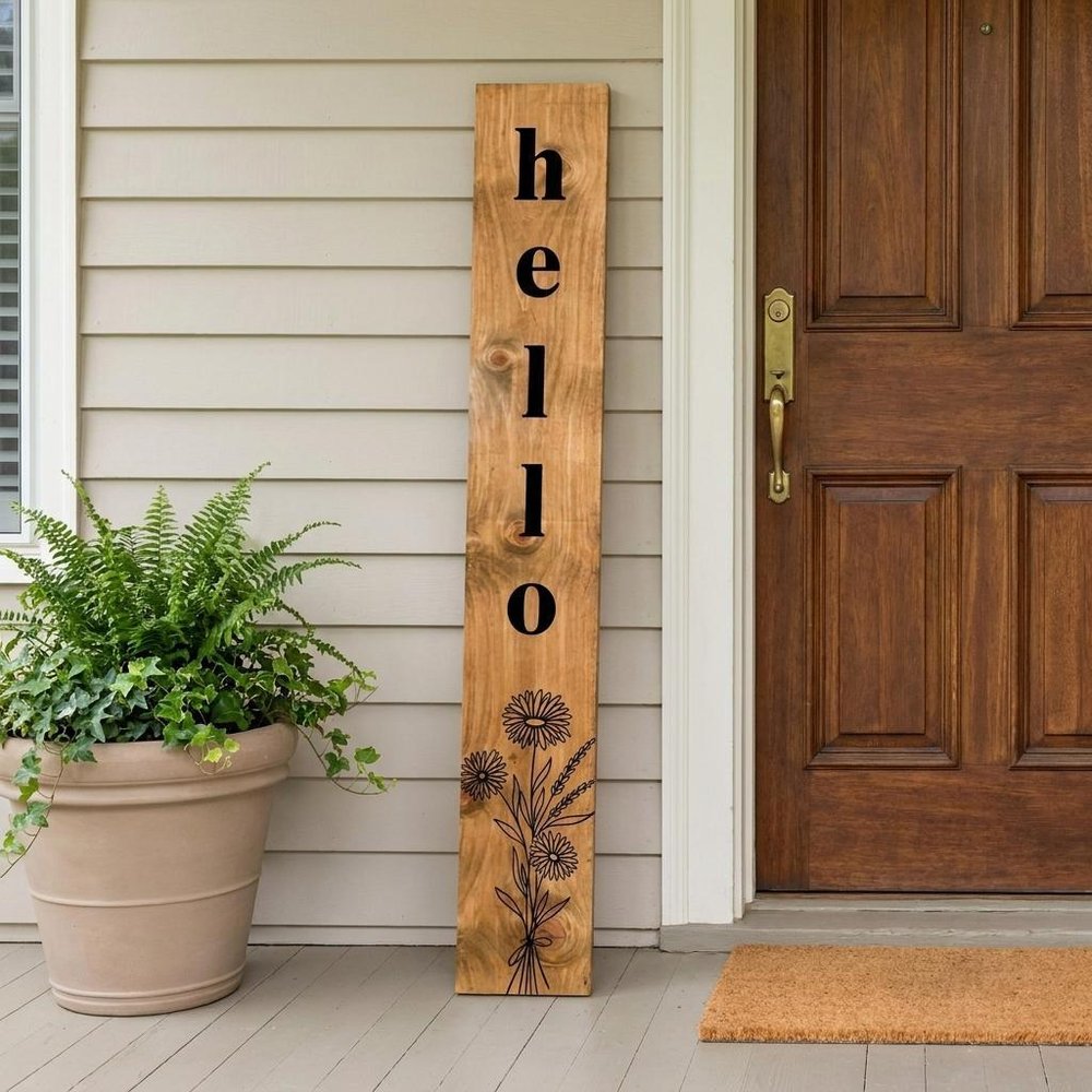 59" Black And Natural Solid Wood Wildflowers Hello Porch Sign — view 1
