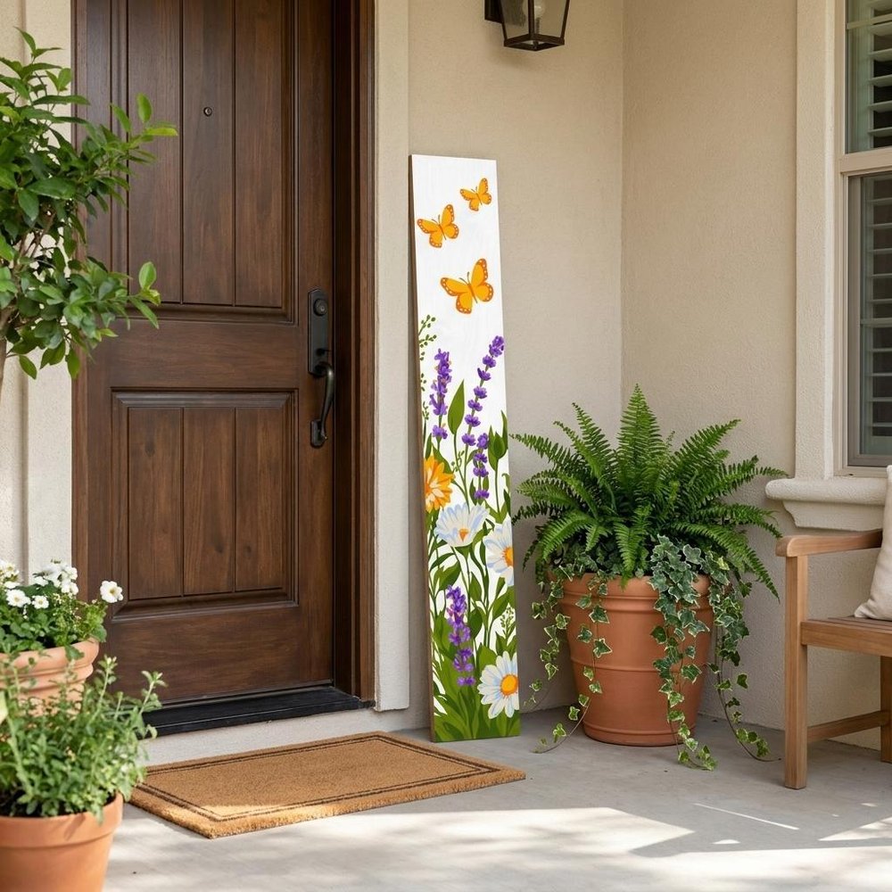 47" White Green And Yellow Solid Wood Daisies Porch Sign — view 1