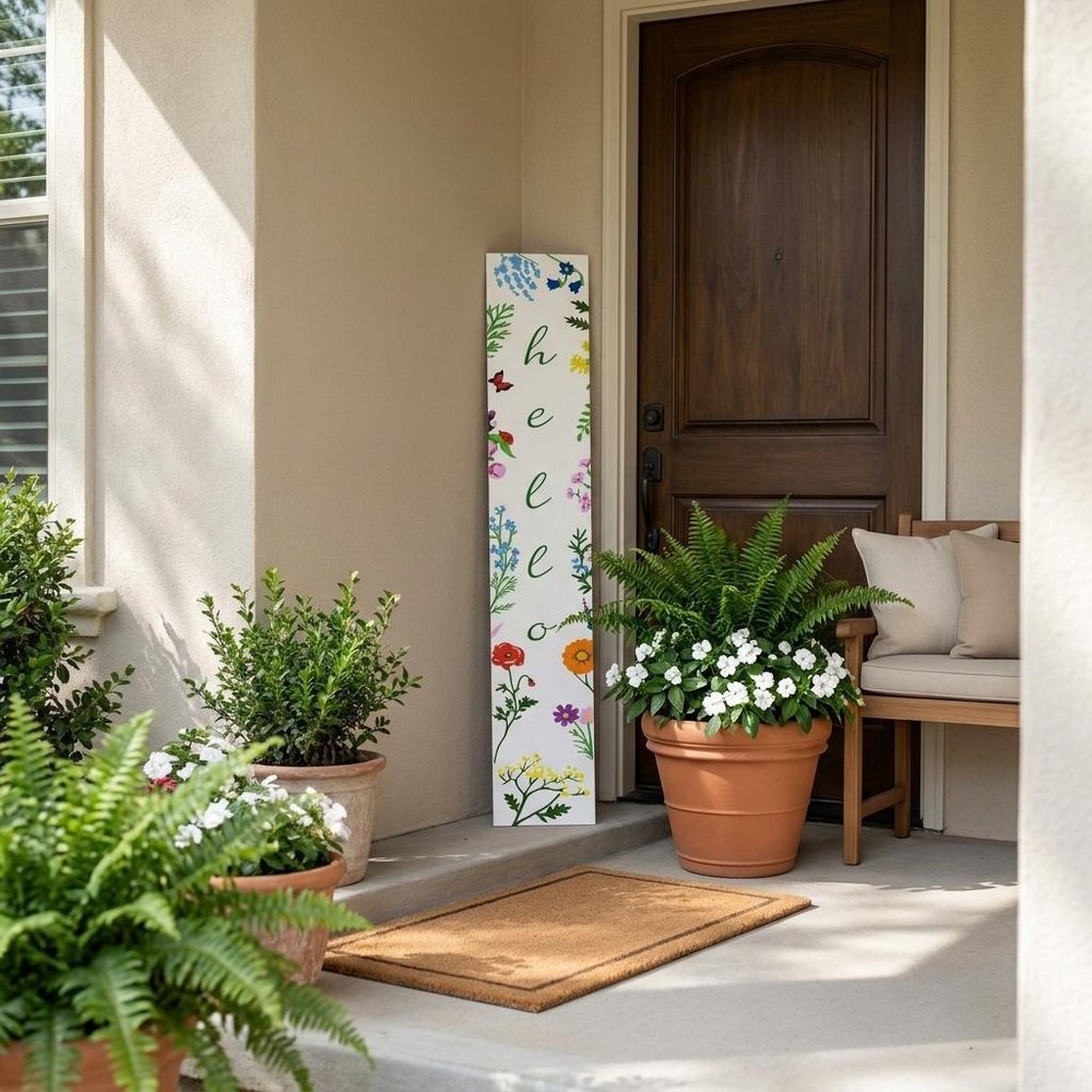 47" Green And White Solid Wood Floral Bouquet Hello Porch Sign — view 1