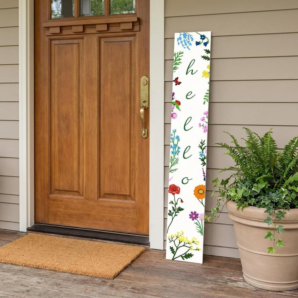 59" Green And White Solid Wood Floral Bouquet Hello Porch Sign HomeRoots