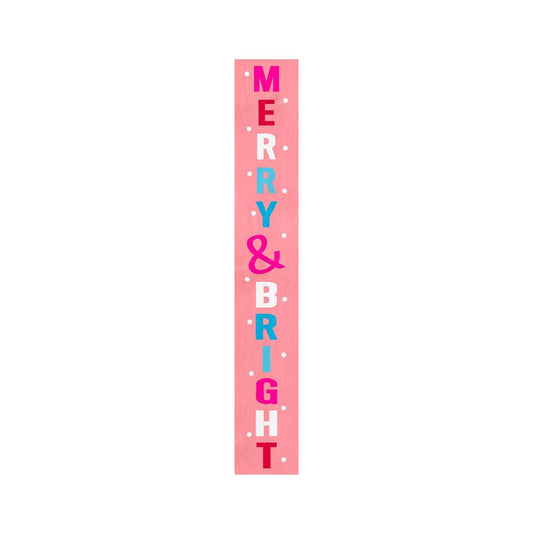 47" Pink And White Solid Wood Merry & Bright Christmas Snow Scene Porch Sign