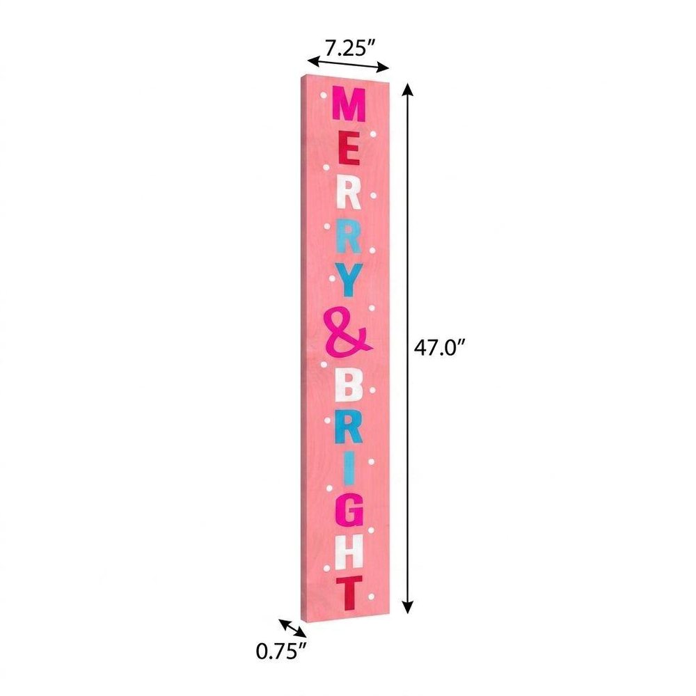 47" Pink And White Solid Wood Merry & Bright Christmas Snow Scene Porch Sign HomeRoots