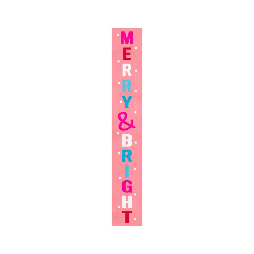 59" Pink And White Solid Wood Merry & Bright Christmas Snow Scene Porch Sign — view 2