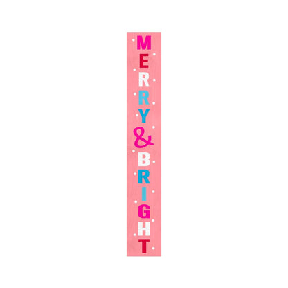 59" Pink And White Solid Wood Merry & Bright Christmas Snow Scene Porch Sign HomeRoots