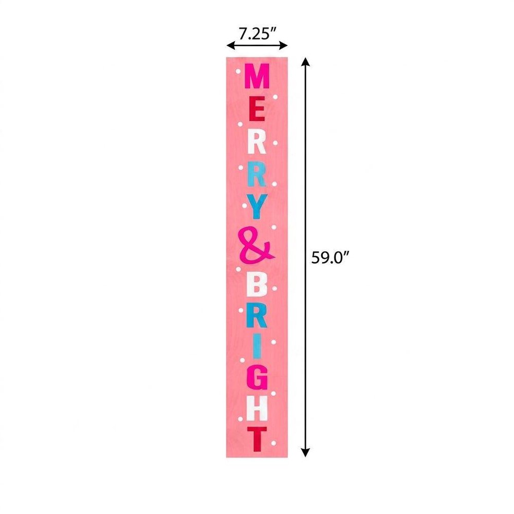 59" Pink And White Solid Wood Merry & Bright Christmas Snow Scene Porch Sign HomeRoots