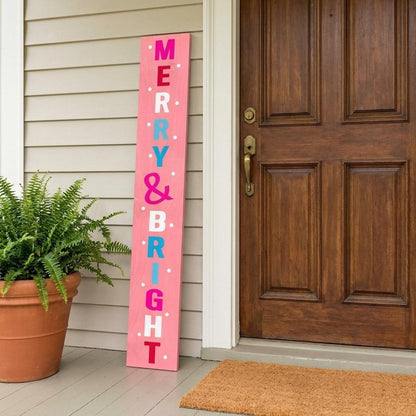 59" Pink And White Solid Wood Merry & Bright Christmas Snow Scene Porch Sign HomeRoots