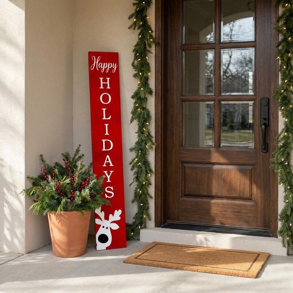 47" Red And White Solid Wood Happy Holidays Christmas Reindeer Porch Sign HomeRoots
