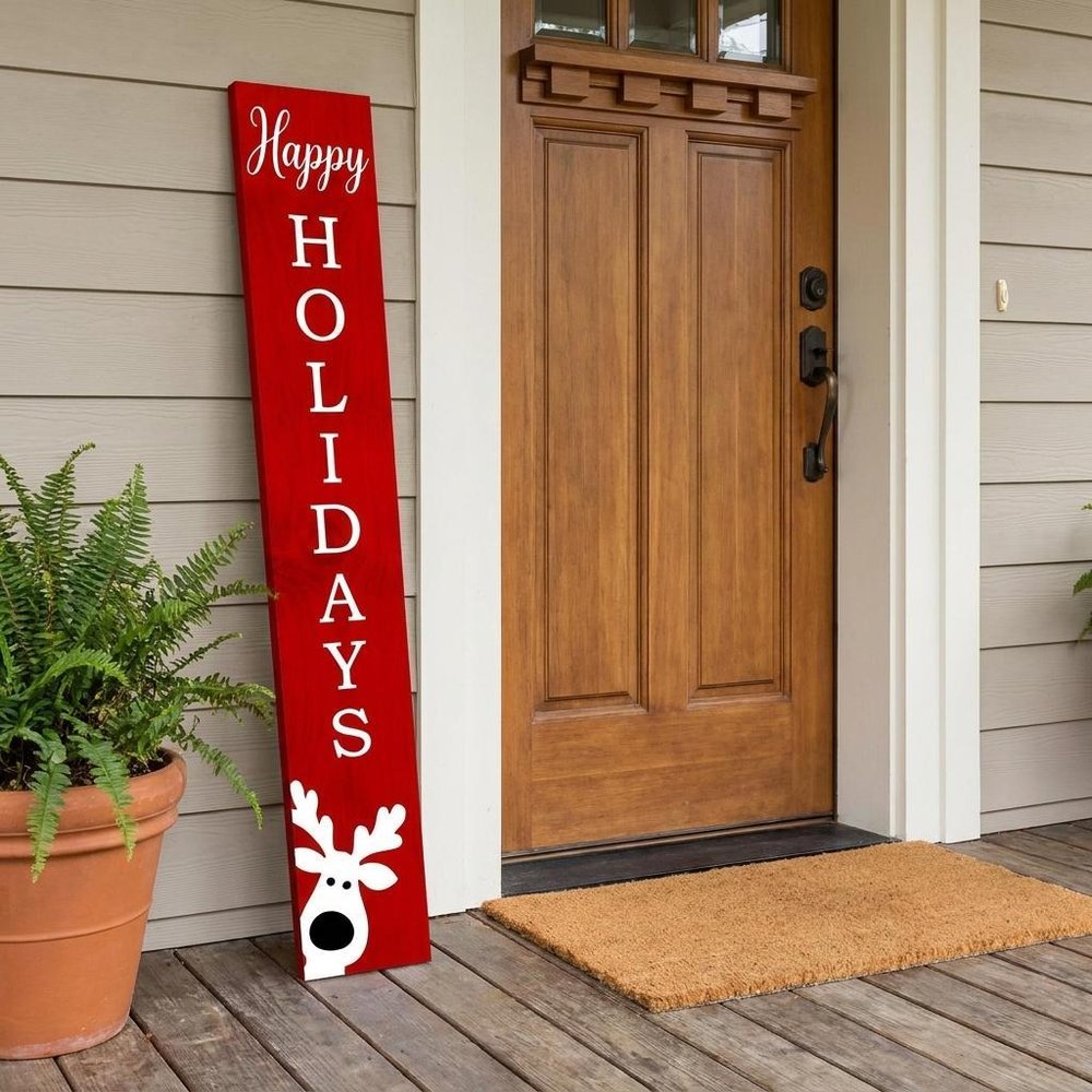 59" Red And White Solid Wood Happy Holidays Christmas Reindeer Porch Sign — view 5