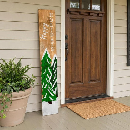 59" Green Natural And White Solid Wood Happy Holidays Christmas Christmas Trees Porch Sign HomeRoots