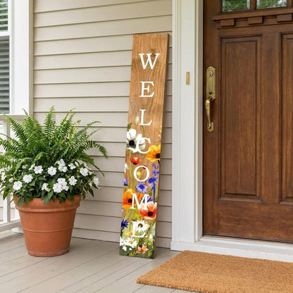 59" Green Natural And White Solid Wood Welcome Porch Sign HomeRoots