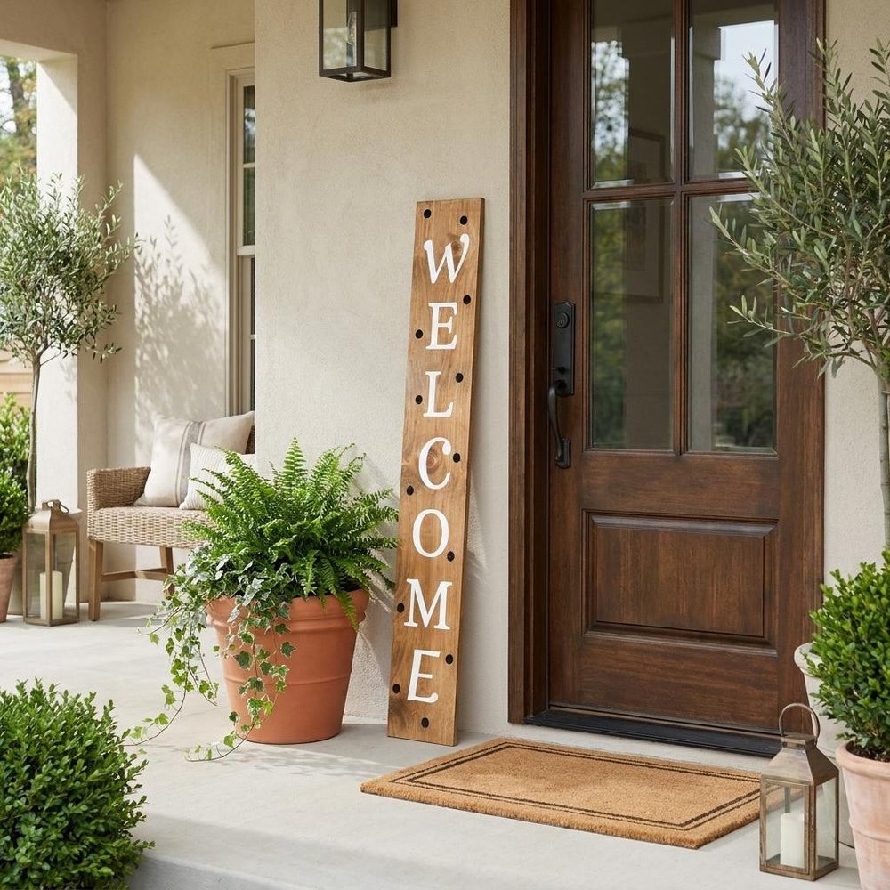 47" Black Natural And White Solid Wood Welcome Porch Sign — view 1