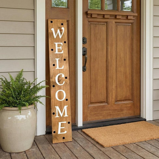 59" Black Natural And White Solid Wood Welcome Porch Sign