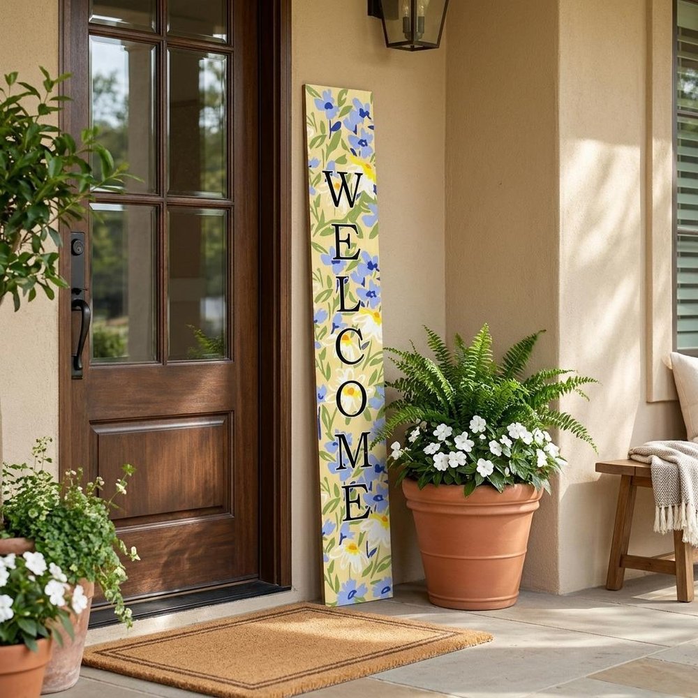 47" Black Blue Cream And Green Solid Wood Daisies Welcome Porch Sign HomeRoots