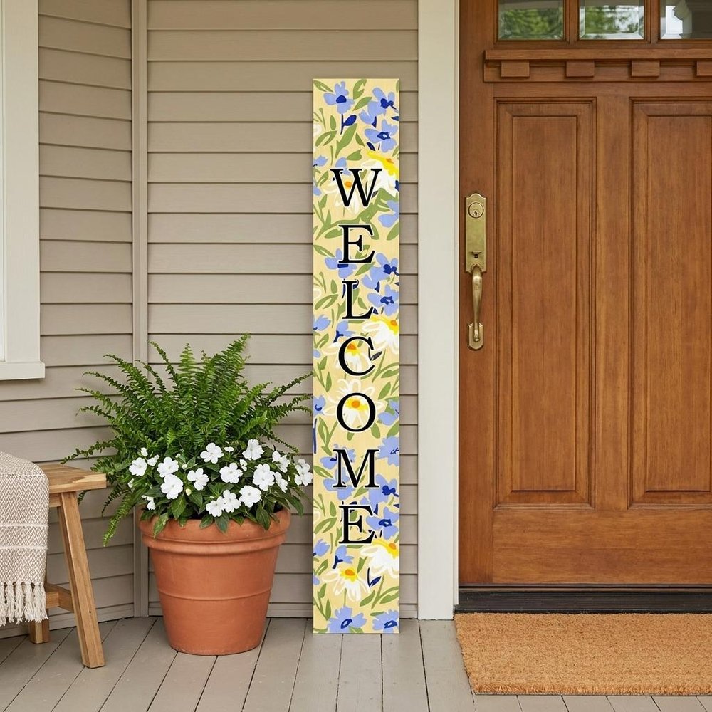 59" Black Blue Cream And Green Solid Wood Daisies Welcome Porch Sign — view 1