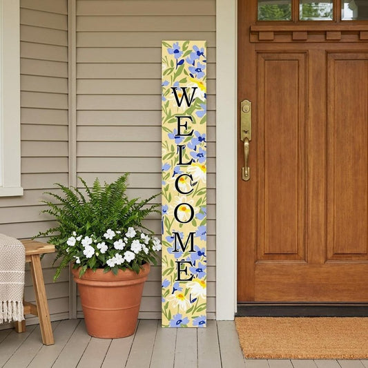 59" Black Blue Cream And Green Solid Wood Daisies Welcome Porch Sign