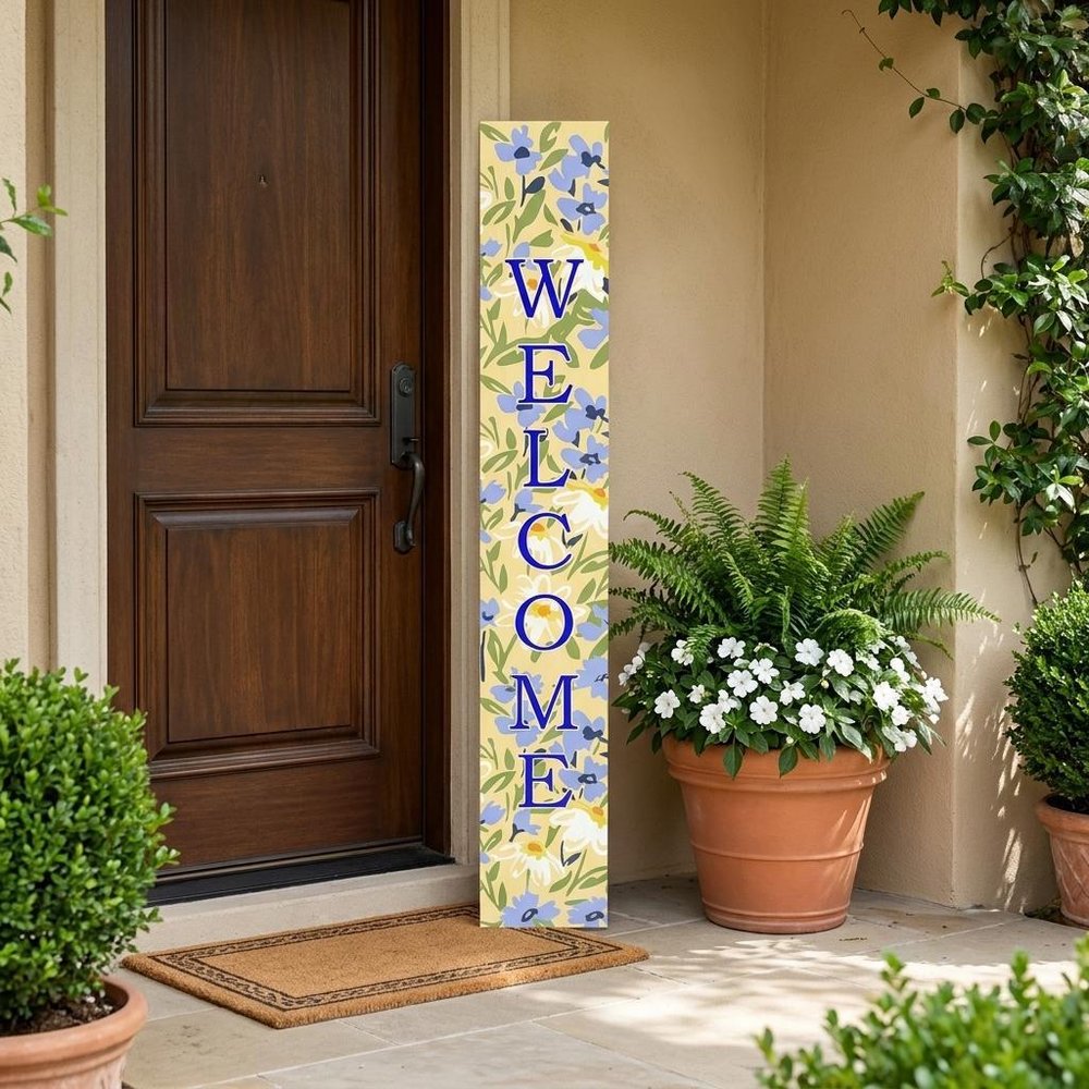47" Black Blue Cream And Green Solid Wood Daisies Welcome Porch Sign HomeRoots