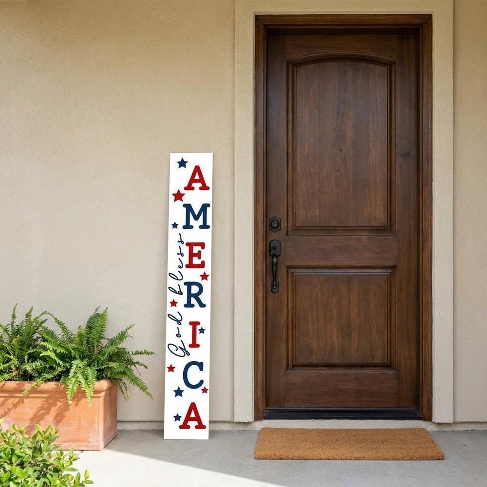 59" Red White And Blue Solid Wood God Bless America Porch Sign — view 5