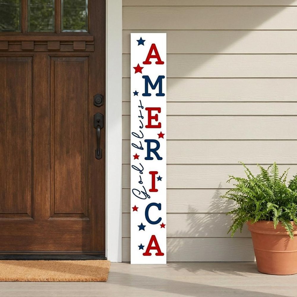 59" Red White And Blue Solid Wood God Bless America Porch Sign HomeRoots