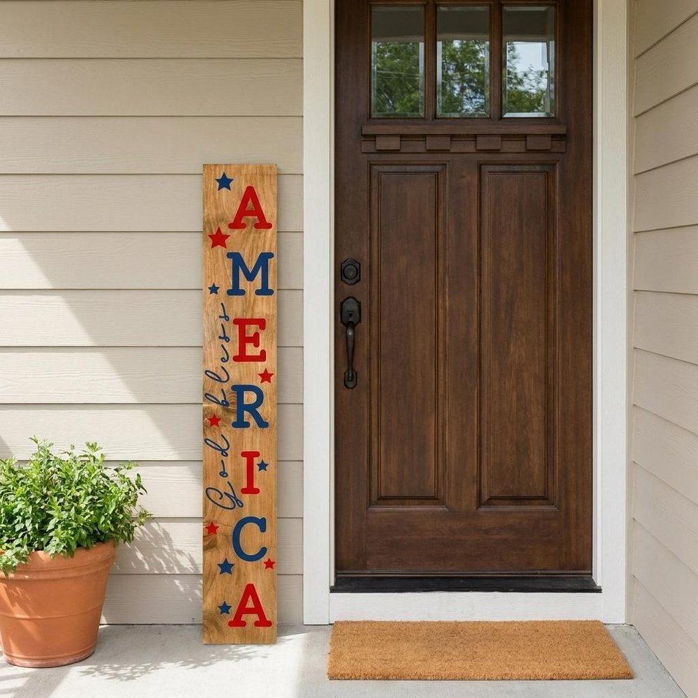 47" Natural Red And Blue Solid Wood God Bless America Porch Sign — view 1