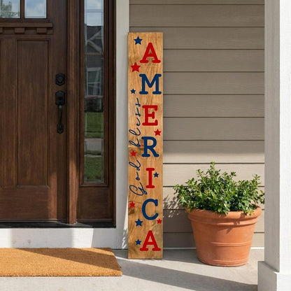 47" Natural Red And Blue Solid Wood God Bless America Porch Sign HomeRoots