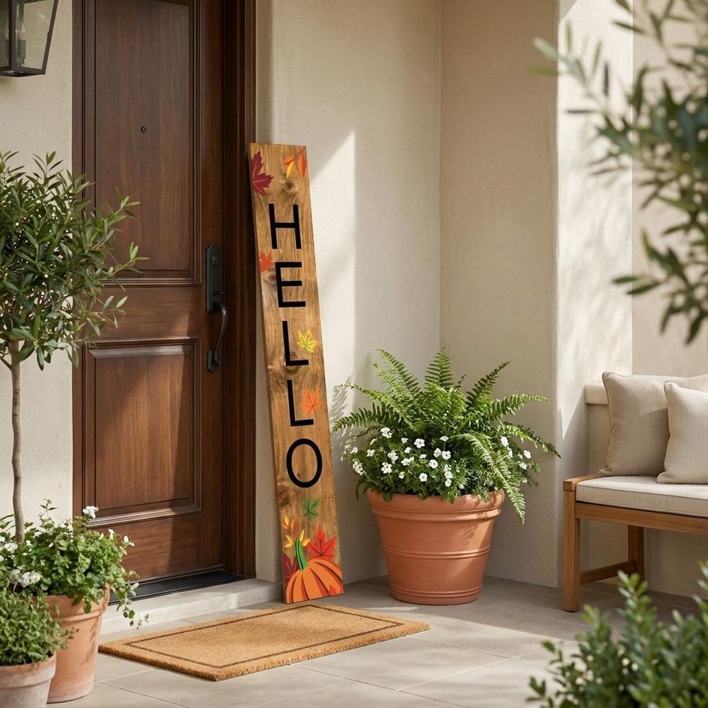 47" Black Natural And Orange Solid Wood Hello Porch Sign — view 5