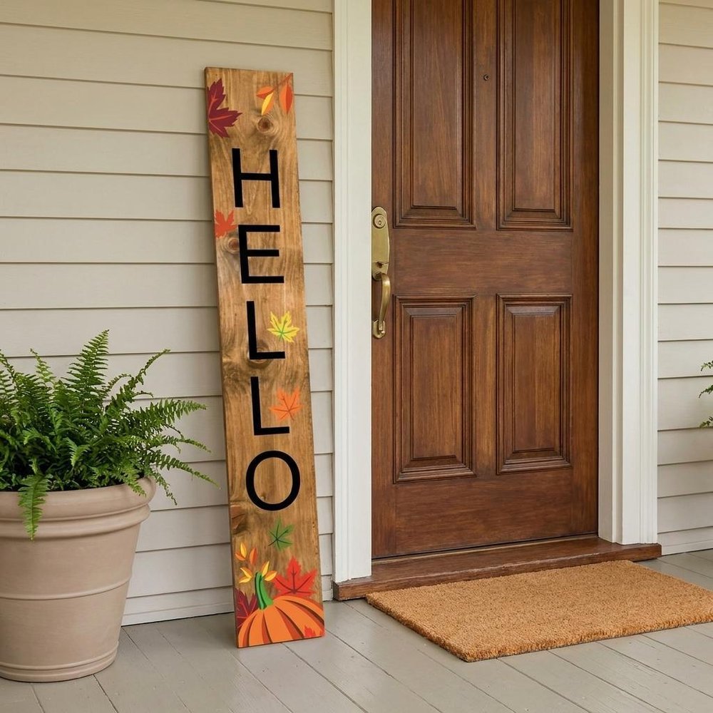59" Black Natural And Orange Solid Wood Hello Porch Sign — view 5