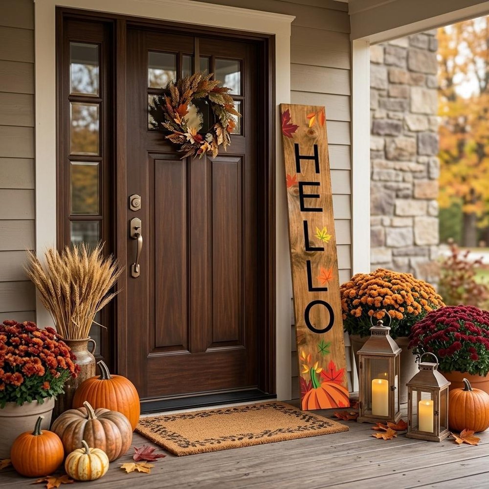 59" Black Natural And Orange Solid Wood Hello Porch Sign — view 6