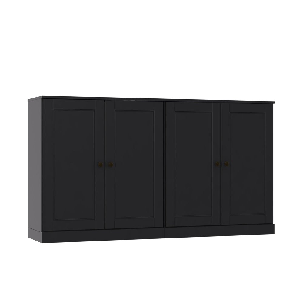64" Black Solid Wood Paneled Sideboard With Four Doors HomeRoots
