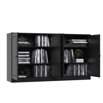 64" Black Solid Wood Paneled Sideboard With Four Doors