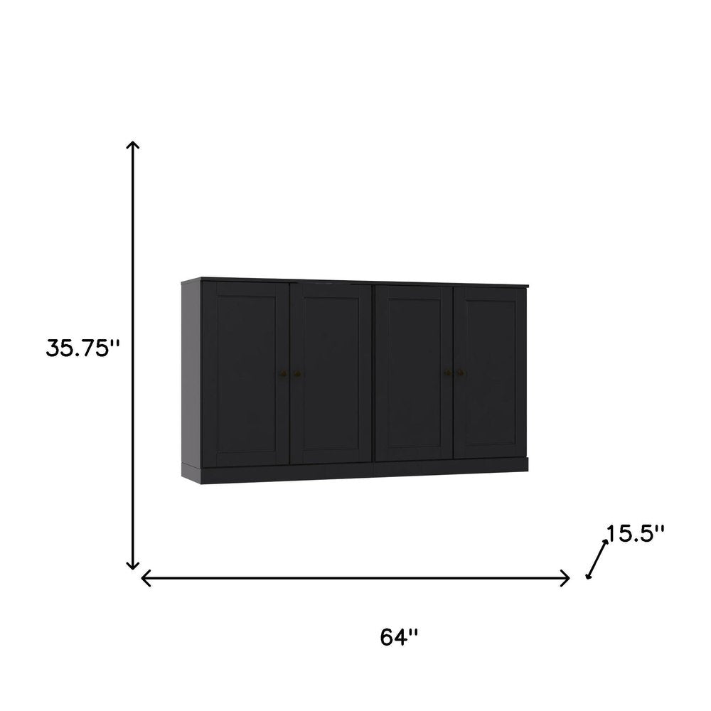 64" Black Solid Wood Paneled Sideboard With Four Doors HomeRoots
