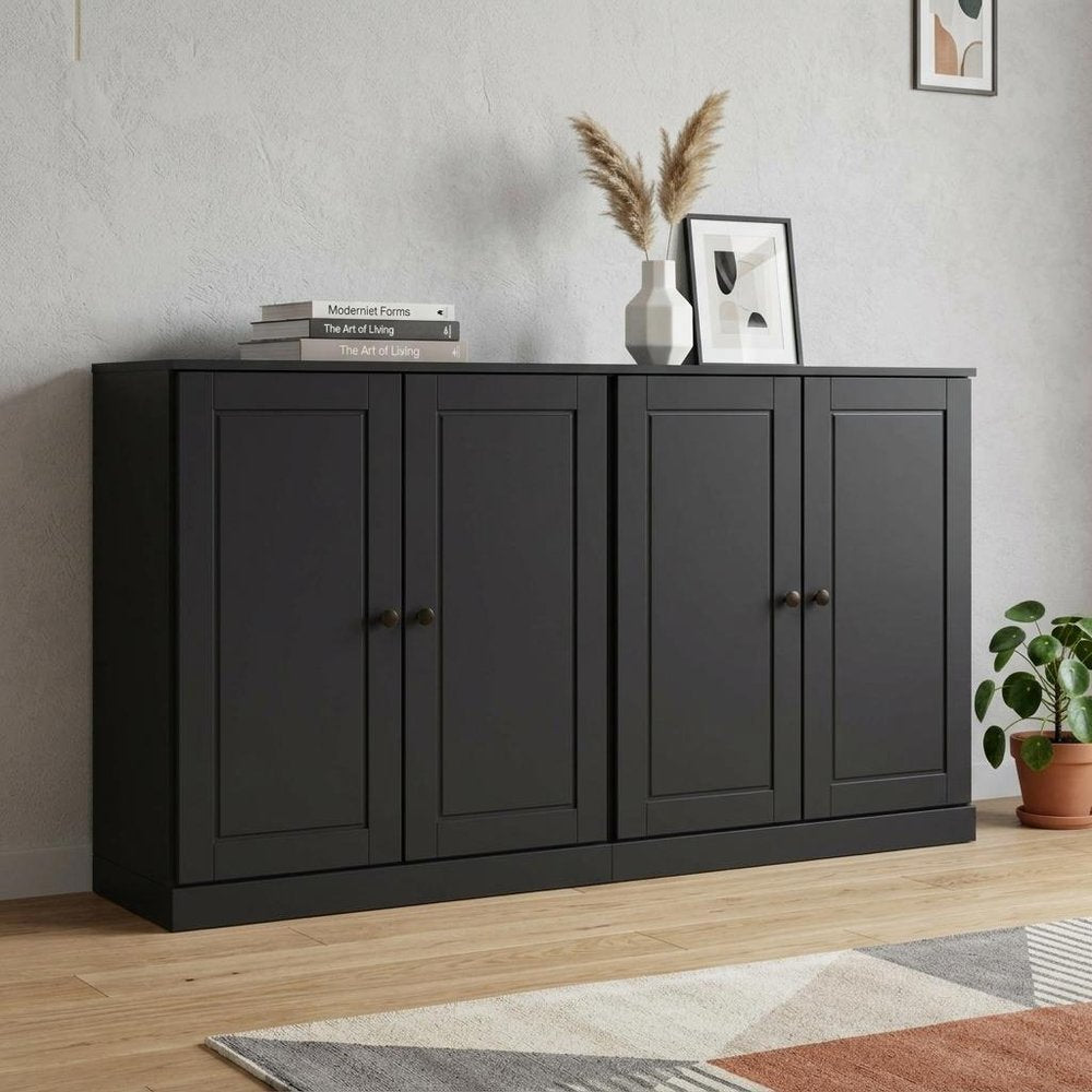 64" Black Solid Wood Paneled Sideboard With Four Doors HomeRoots