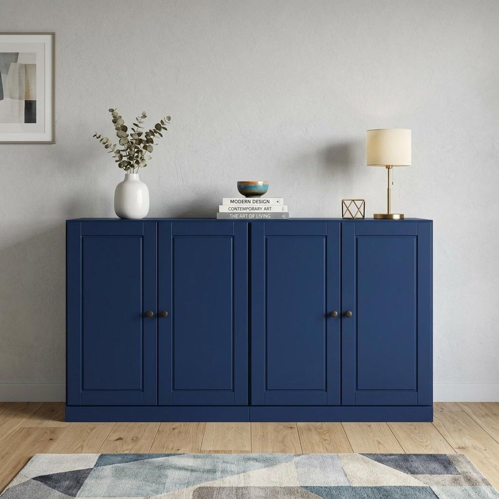64" Navy Blue Solid Wood Paneled Buffet Table With Four Doors