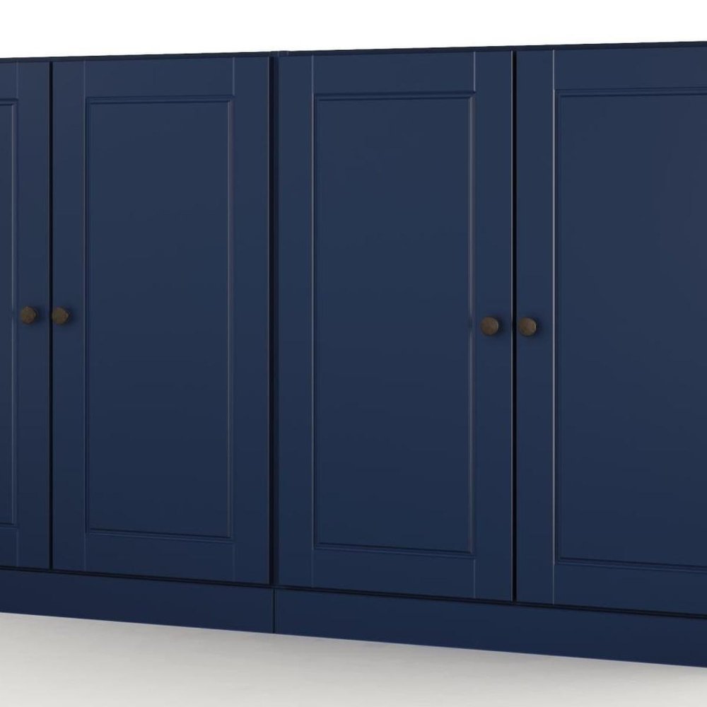 64" Navy Blue Solid Wood Paneled Buffet Table With Four Doors