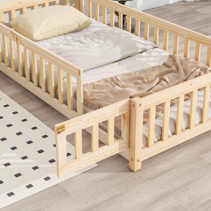 Twin House-Shaped Headboard Floor Bed with Fence Natural - FurniFindUSA