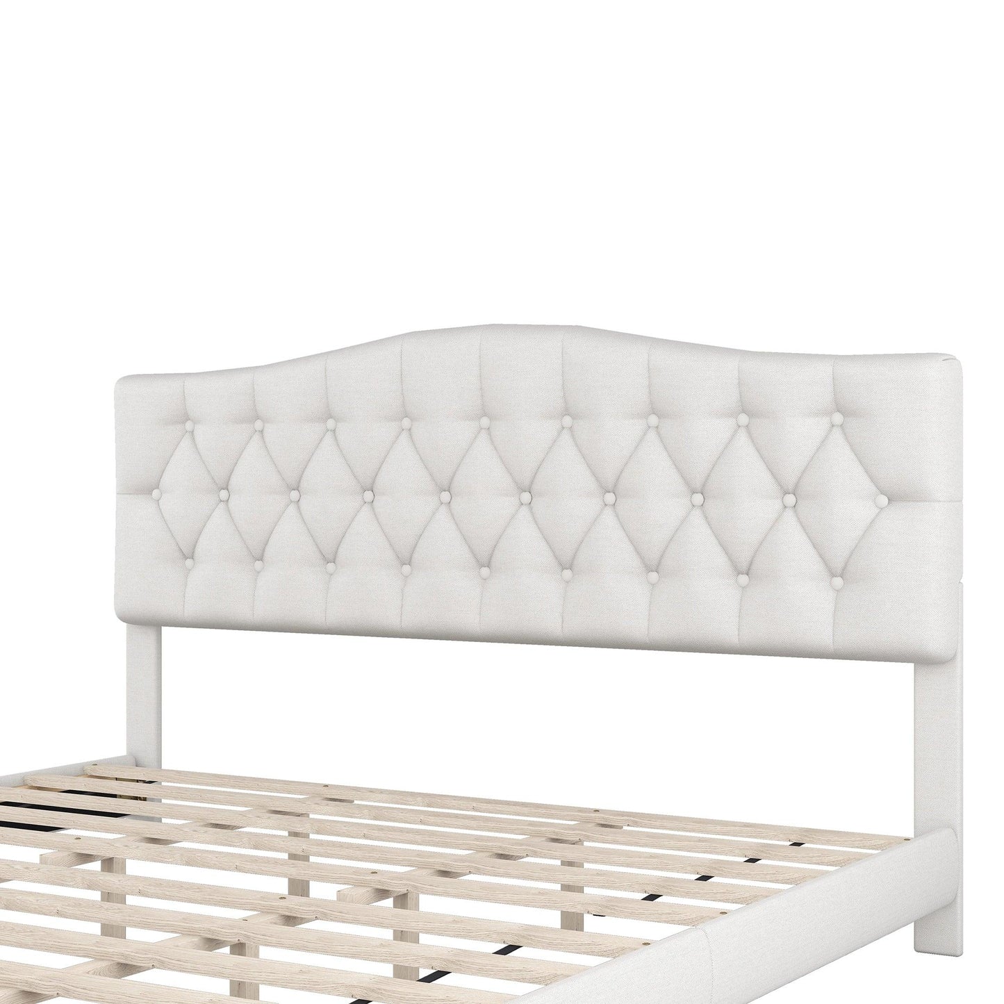 Upholstered Platform Bed with Saddle Curved Headboard and Diamond Tufted Details King Beige - FurniFindUSA