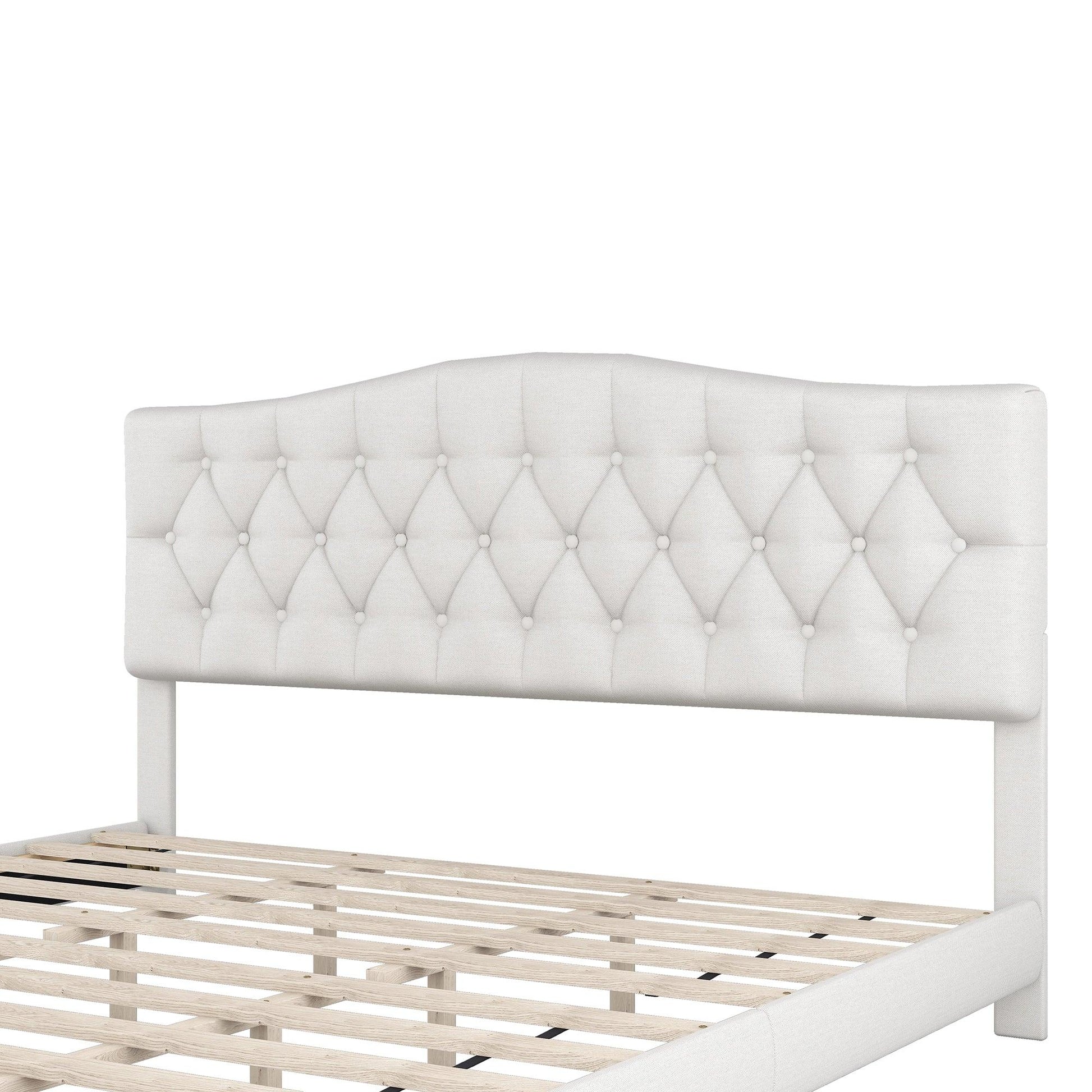 Upholstered Platform Bed with Saddle Curved Headboard and Diamond Tufted Details King Beige - FurniFindUSA