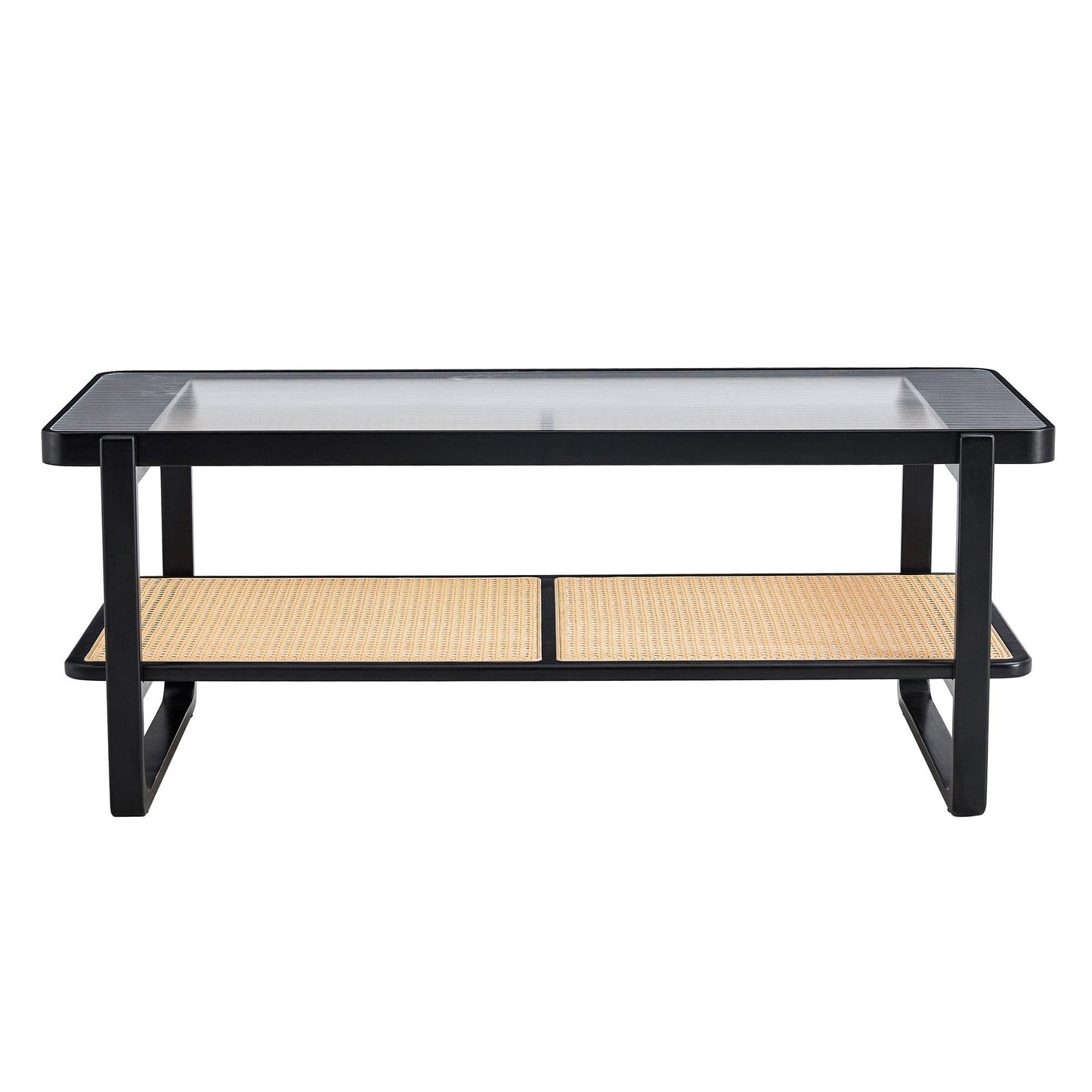 Modern minimalist rectangular double layer black solid wood imitation rattan coffee table - FurniFindUSA