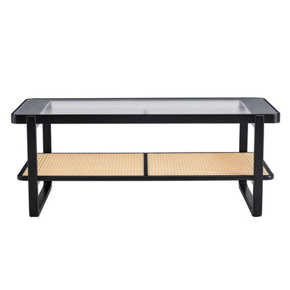 Modern minimalist rectangular double layer black solid wood imitation rattan coffee table - FurniFindUSA