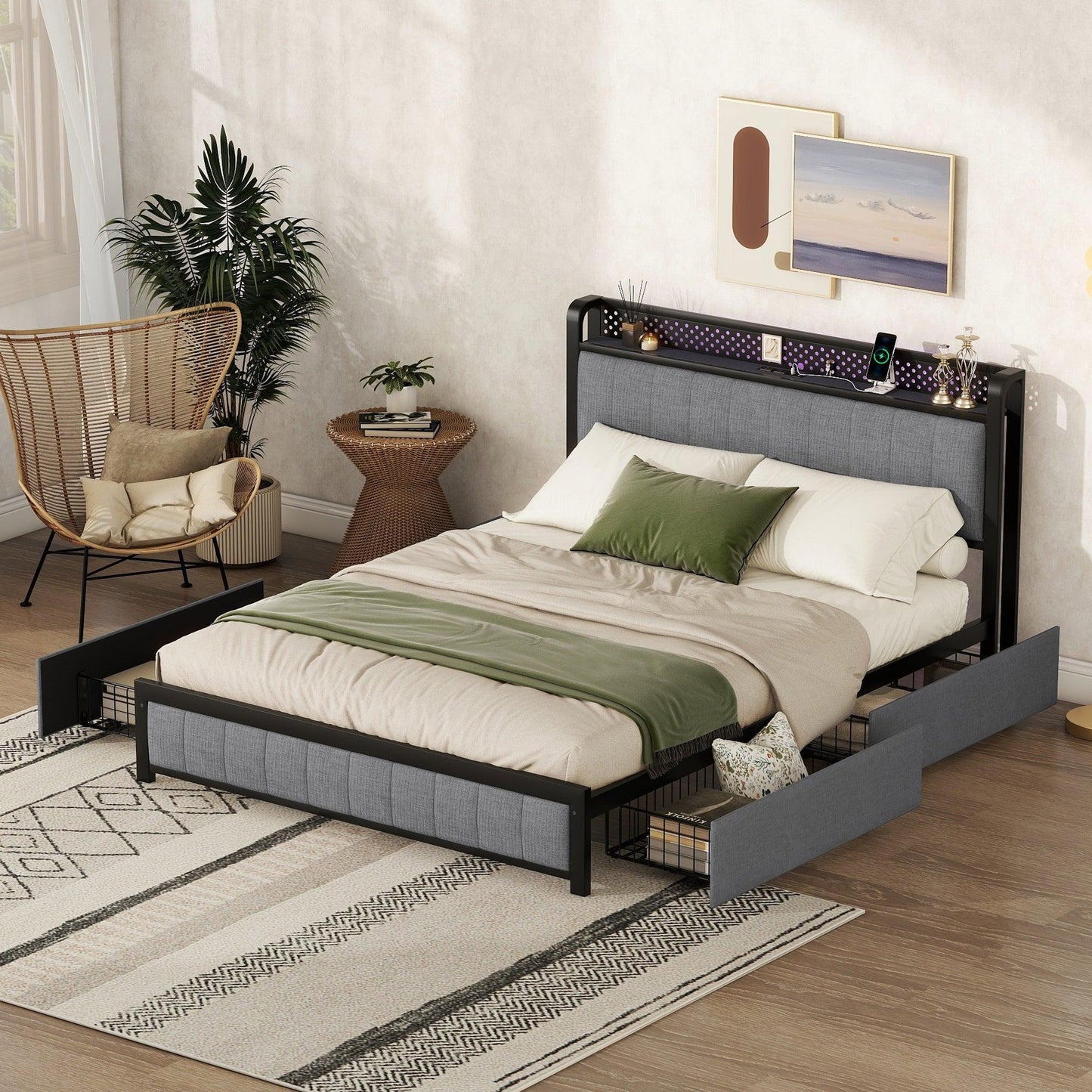 Queen Bed Frame with LED Headboard Upholstered Bed with 4 Storage Drawers and USB Ports Light Grey - FurniFindUSA