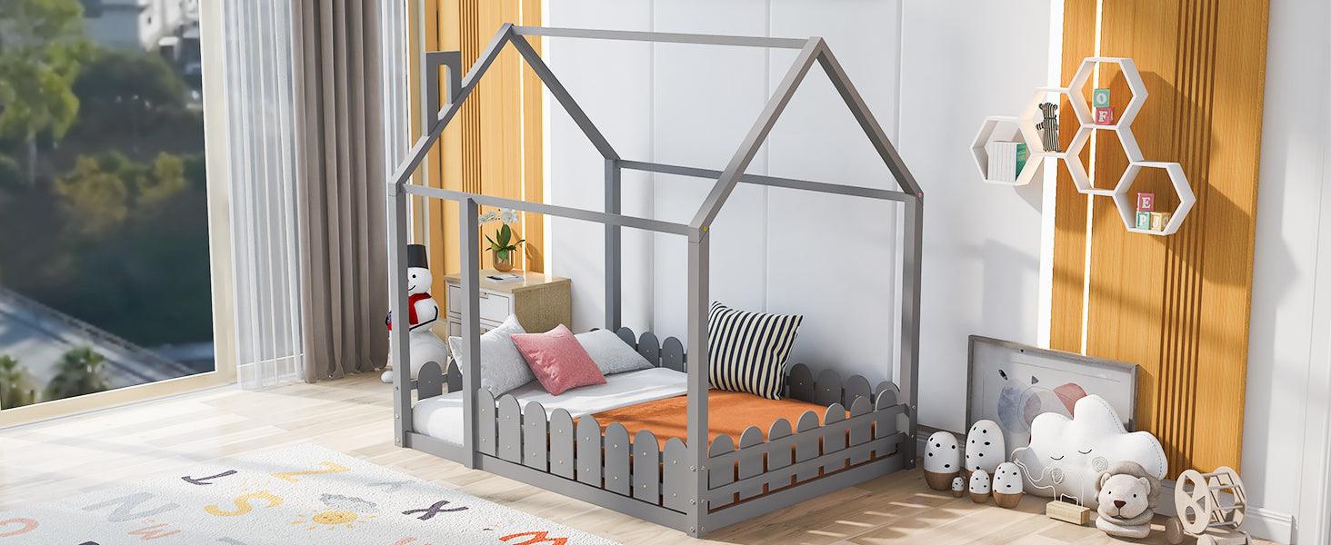 (Slats are not included)Full Size Wood Bed House Bed Frame with Fence for Kids Teens Girls Boys (Gray ) - FurniFindUSA