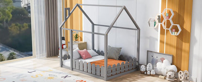 (Slats are not included)Full Size Wood Bed House Bed Frame with Fence for Kids Teens Girls Boys (Gray ) - FurniFindUSA