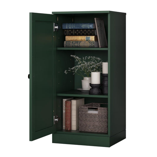 36" Green Solid Wood Adjustable Three Tier Library Bookcase with One Door