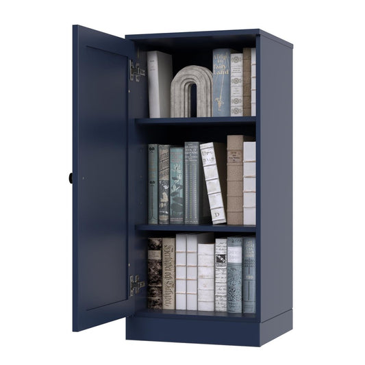 36" Navy Blue Solid Wood Adjustable Three Tier Library Bookcase with One Door