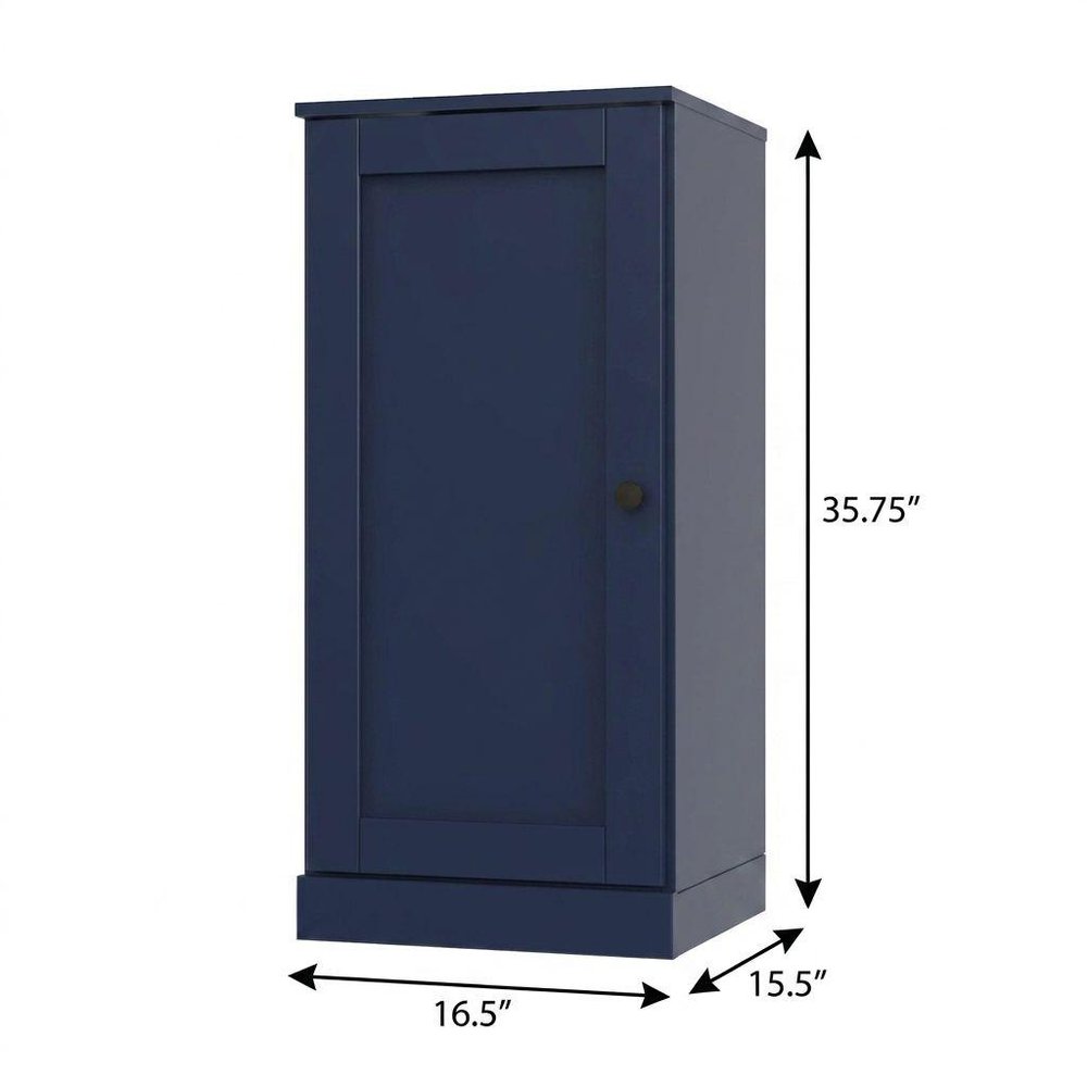 36" Navy Blue Solid Wood Adjustable Three Tier Library Bookcase with One Door HomeRoots