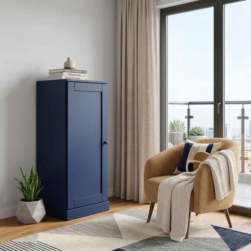 36" Navy Blue Solid Wood Adjustable Three Tier Library Bookcase with One Door — view 3