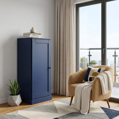 36" Navy Blue Solid Wood Adjustable Three Tier Library Bookcase with One Door HomeRoots