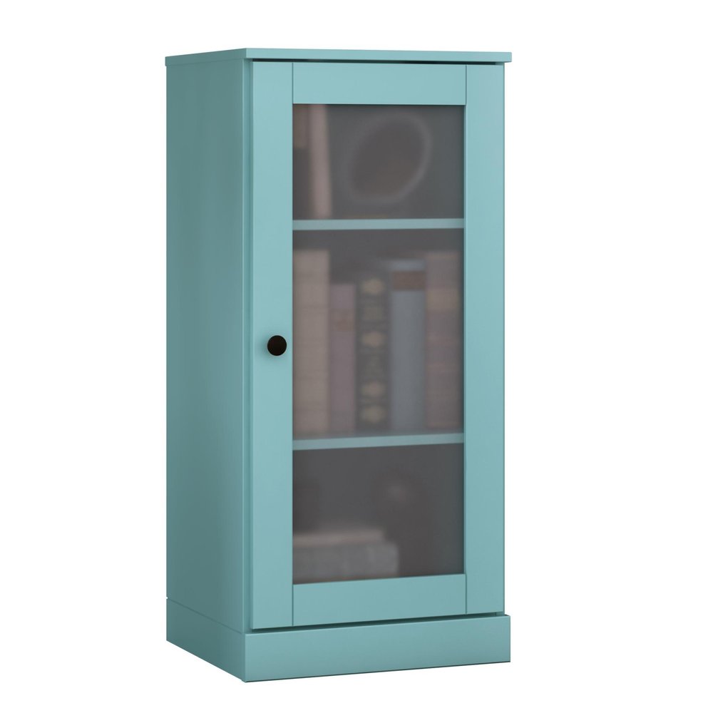 36" Aqua Solid Wood Adjustable Three Tier Library Bookcase with One Door